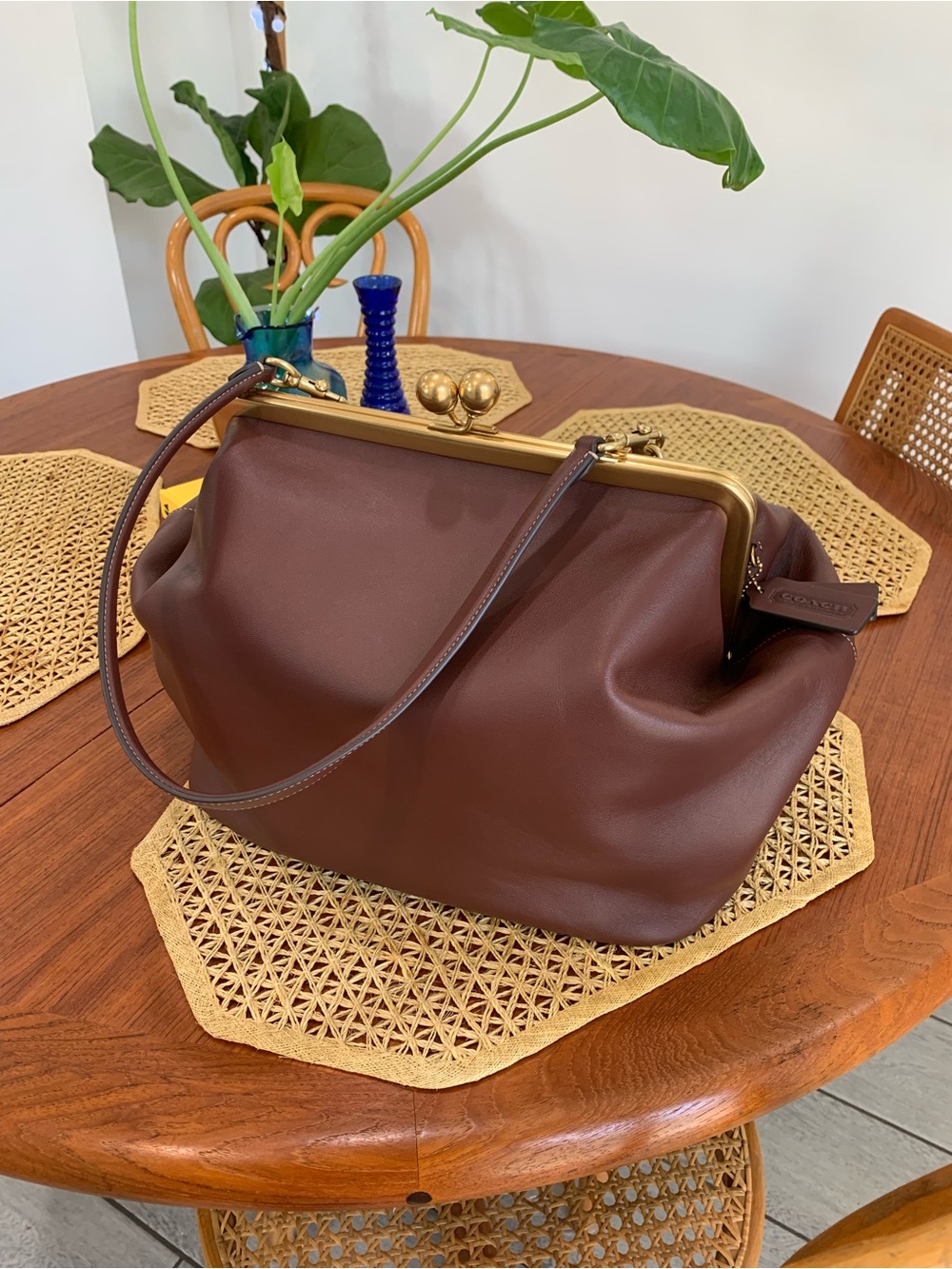 Coach Brown Leather Kiss-Lock Shoulder Bag with Gold Frame